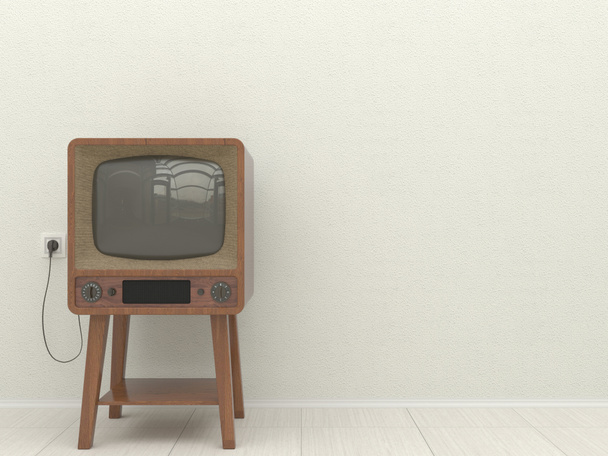 alter Retro-Fernseher im Wohnzimmer vor einer weiß verputzten Wand. Kopierraum. 3D-Illustration. - Foto, Bild