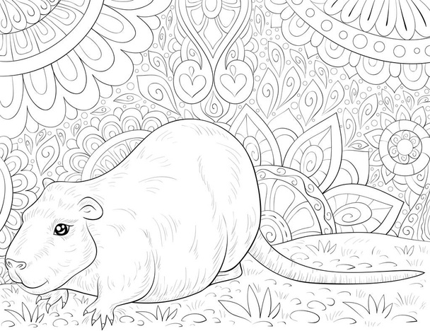 A cute otter on the abstract background with ornaments image for relaxing activity.A coloring book,page for adults.Zen art style illustration for print.Poster design. - Vector, Image