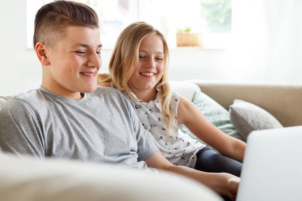 Happy brother and sister sitting on sofa at home in the living room and using laptop together. - 写真・画像