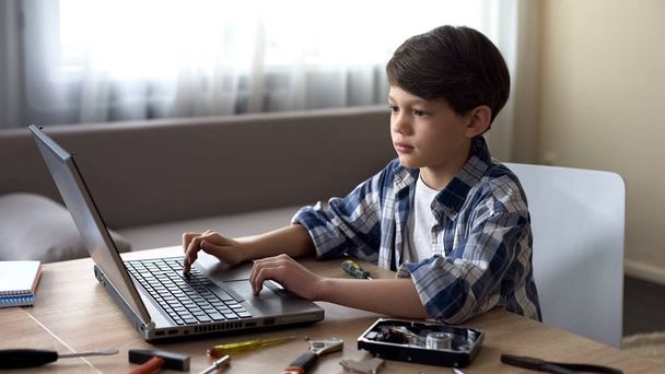 Smart male preschooler searching for hard-disk instructions on laptop, IT hobby - Foto, Imagem