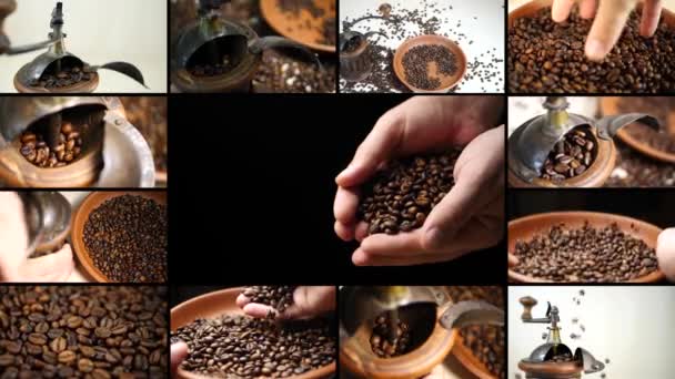 starožitný mlýnek na kávu s kávovými zrny - Záběry, video