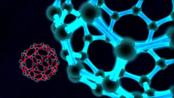 3D ілюстрація блакитного глобуса, молекули графенової кристалічної решітки. Ідея нанотехнологій, біологічної зброї, вірусу, енергії. 3D візуалізація на темному тлі
. - Фото, зображення
