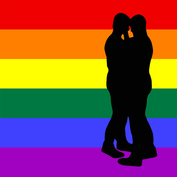 LGBT valentines day concept, silhouette of a intimate gay couple dancing together, isolated on a rainbow flag background - Photo, Image