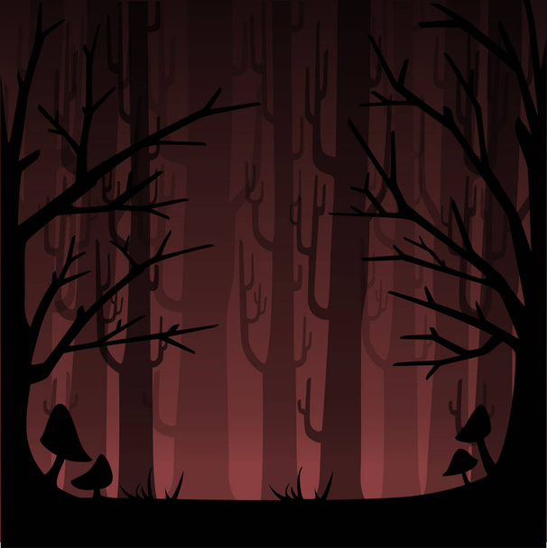 Sötét erdő vörös ködben. Ködös erdőben játék vagy website koncepció. Ködös erdőben. Síkvektorgrafikus illusztráció. - Vektor, kép