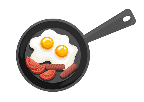 Frying pan, top view. Pan with fried egg, tomatoes and sausages. Flat vector illustration isolated on white background. - Vector, Image