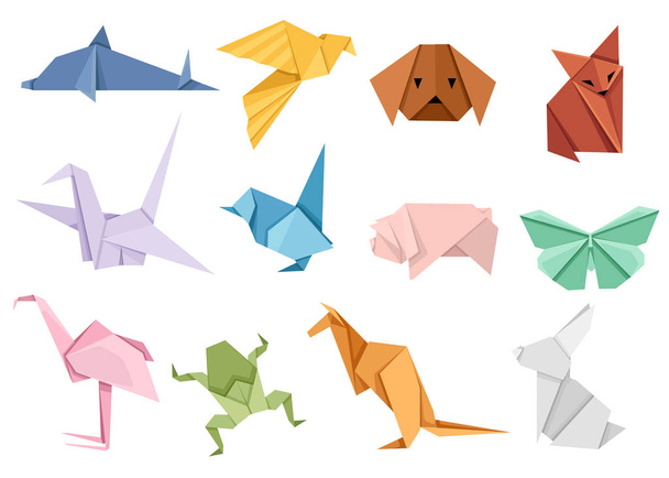 Origami Japon hayvan seti. Modern hobi. Beyaz arka planda izole düz vektör illüstrasyon. Renkli kağıt hayvanlar, düşük Çokgen tasarım. - Vektör, Görsel