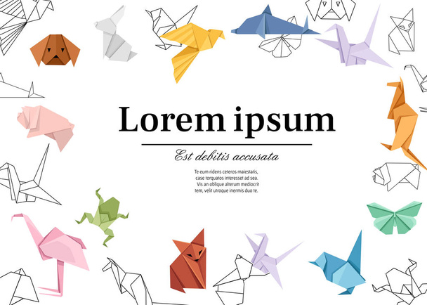 Origami japanese animal set. Modern hobby. Flat vector illustration on white background. Colorful paper animals, low polygonal design. Place for text. Website and app design. - Vector, Image
