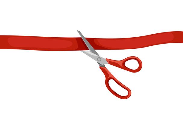 Red scissors cut red tape. Opening ceremony. Flat vector illustration isolated on white background. - Vektori, kuva