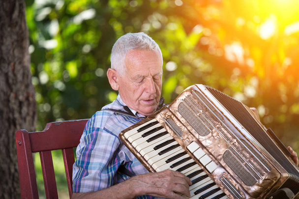 Літній чоловік грає на акордеоні на лавці в саду
 - Фото, зображення