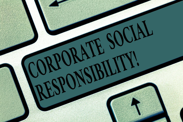 Word writing text Corporate Social Responsibility. Business concept for internal organizational policy or strategy Keyboard key Intention to create computer message pressing keypad idea. - Photo, Image