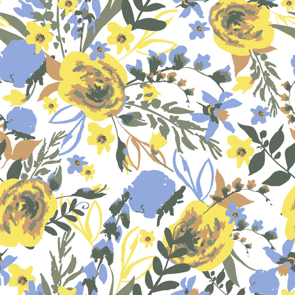 Vintage wektor kwiatowy wzór z polne kwiaty, ilustracja lato naturalny, niebieskie i żółte kwiaty - Wektor, obraz
