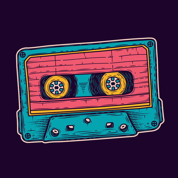 Audio cassette in neon retro style. Vector illustration. - Vector, Image