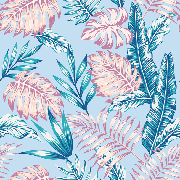 Spring floral seamless composition abstract color realistic tropical leaves blue background. Summer exotic pattern wallpaper - Вектор,изображение