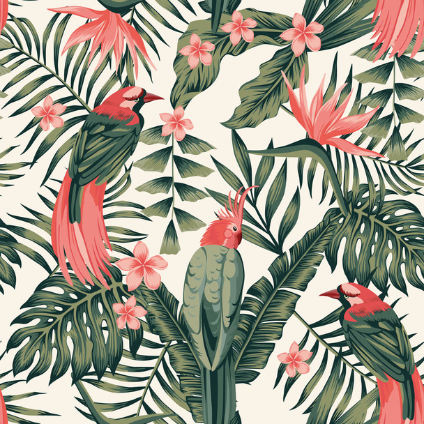 Tropical leaves, flowers frangipani, birds of paradise, parrot abstract colors seamless realistic vector image - Vektor, kép