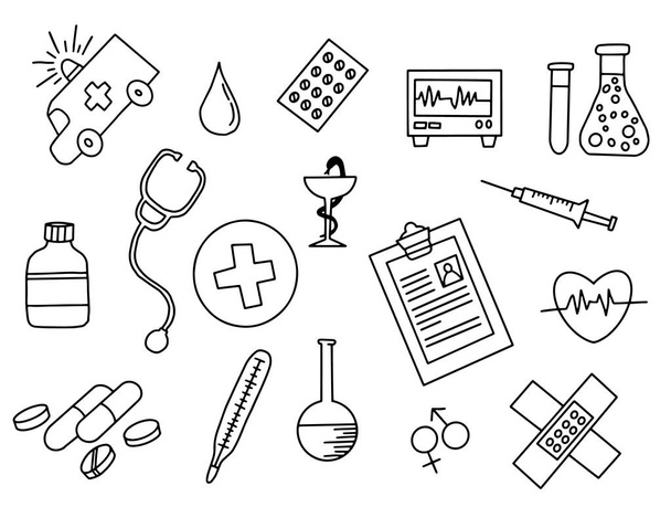 υγειονομικής περίθαλψης doodle μαύρο και άσπρο περίγραμμα στυλ εικονογράφηση διάνυσμα - Διάνυσμα, εικόνα