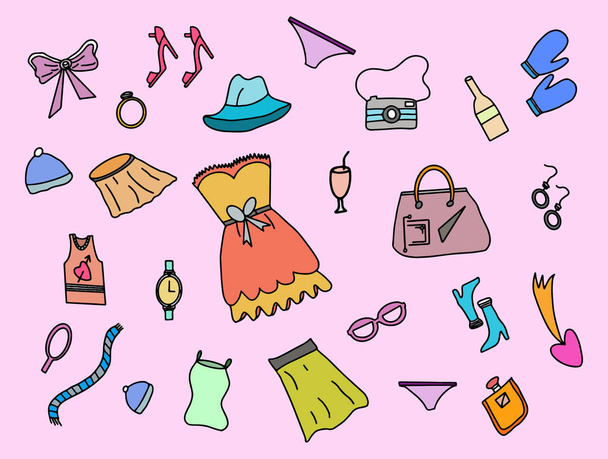 női divat doodle színes szín stílus és a rózsaszín háttér vektor illusztráció - Vektor, kép