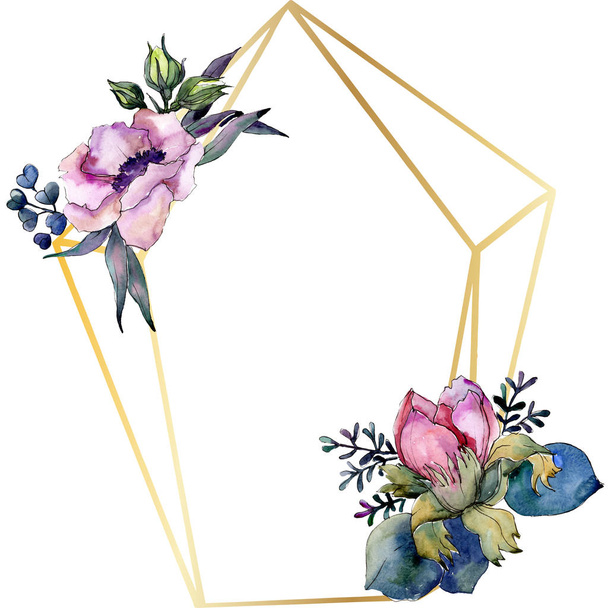 Pink floral botanical flower bouquet. Watercolor background illustration set. Frame border ornament square. - Foto, immagini