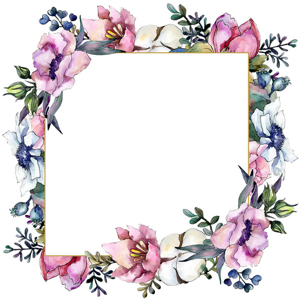 Pink floral botanical flower bouquet. Watercolor background illustration set. Frame border ornament square. - Фото, изображение