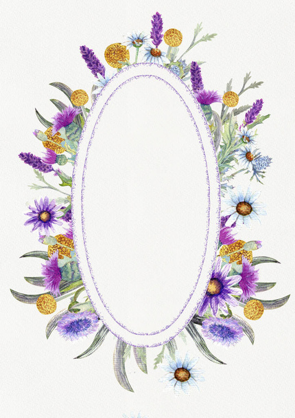 Wedding vertical frame of wild flowers. Watercolor. Flower arrangement. Greeting card template design. Invitation background. Vertical orientation - Photo, Image