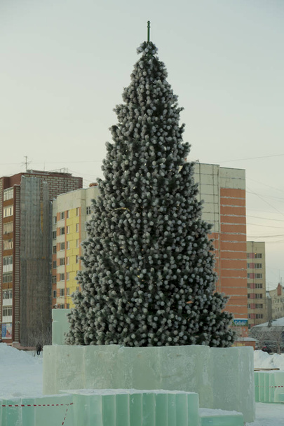 Un grande albero di Natale decorato con fili di lame in una nuova città di ghiaccio
 - Foto, immagini