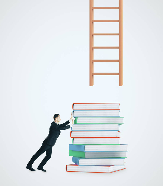 Businessman with piled books trying to reach ladder on white background. Growth and education concept  - Fotoğraf, Görsel