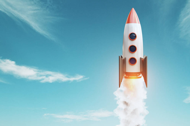 Launching rocket on blue sky background. Startup and project concept. 3D Rendering  - Foto, imagen