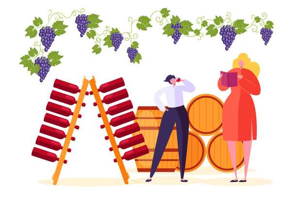 Man Drink Red Wine at Winery Market Store. Sommelier Character Taste French Alcohol Product in Beverage Exhibition. Natural Vineyard Set Flat Cartoon Vector Illustration - Vector, Image