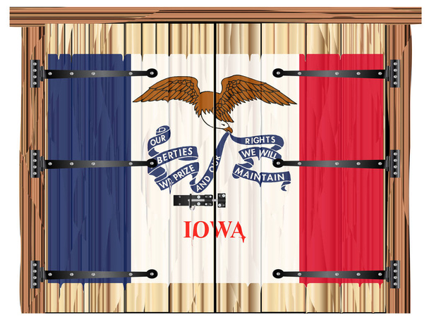 Большая закрытая деревянная двойная дверь сарая с болтами и петлями и флагом штата Айова, раскрашенным на - Вектор,изображение