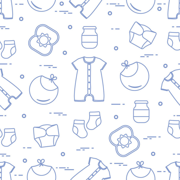 Seamless pattern with goods for babies. Newborn baby background. Bib, baby food can, rattle, socks, diapers, bodysuit. - Вектор,изображение