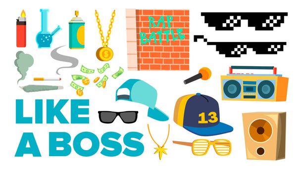 Like A Boss Icons Vector. Rapper, Gangster, Cool Singer. Isolated Flat Cartoon Illustration - Vector, Image