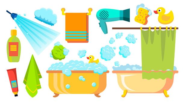 Duschen, Bad Ikonen Vektor. Zubehör Haartrockner, Shampoo, Handtuch, Schaum. isolierte flache Cartoon-Illustration - Vektor, Bild