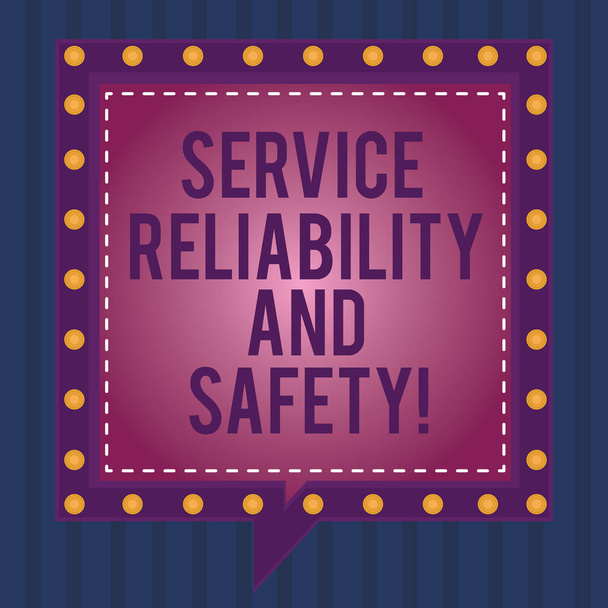 Writing note showing Service Reliability And Safety. Business photo showcasing Warranty assurance Security support Square Speech Bubbles Inside other with Broken Line Circles. - Photo, Image