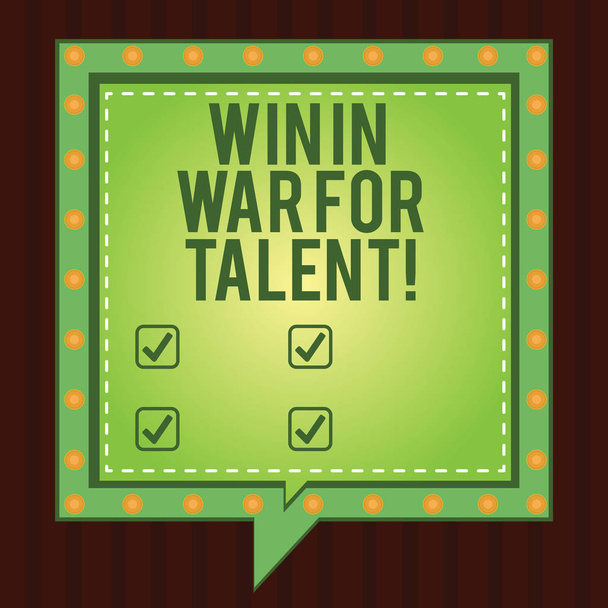 Writing note showing Win In War For Talent. Business photo showcasing Fight using your best skills be a winner for abilities Square Speech Bubbles Inside other with Broken Line Circles. - Photo, Image