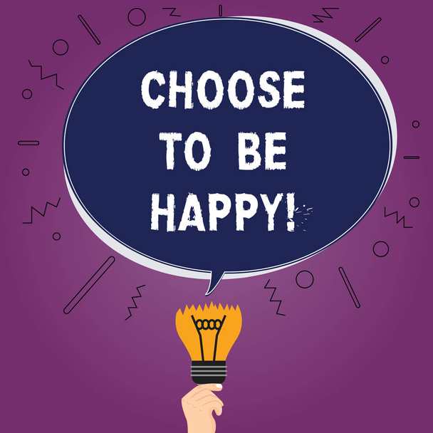 Text sign showing Choose To Be Happy. Conceptual photo Decide being in a good mood smiley cheerful glad enjoy Blank Oval Color Speech Bubble Above a Broken Bulb with Failed Idea icon. - Photo, Image