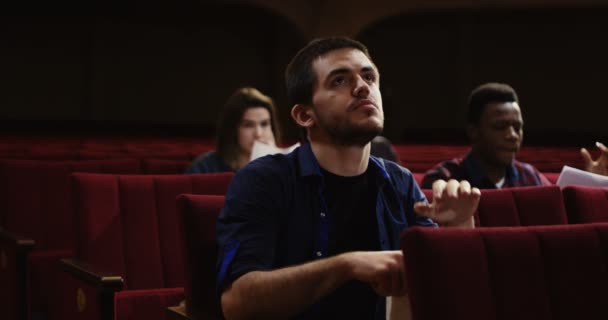 Medium shot of an actor rehearsing singing in the theater - Footage, Video