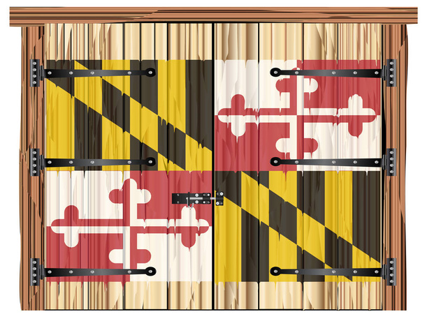 Uma grande porta dupla de celeiro de madeira fechada com parafuso e dobradiças e a bandeira do estado de Maryland pintada em - Vetor, Imagem