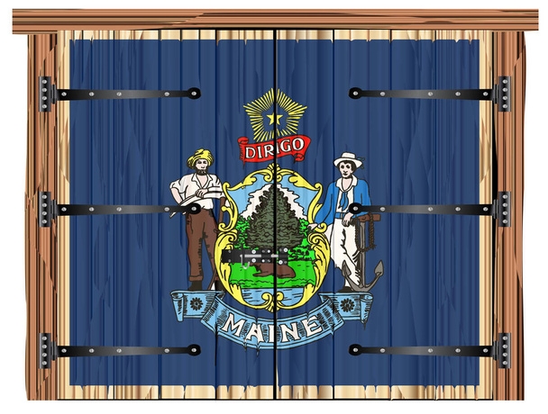 Una gran puerta doble de granero de madera cerrada con perno y bisagras y la bandera del estado de Maine pintada en - Vector, imagen
