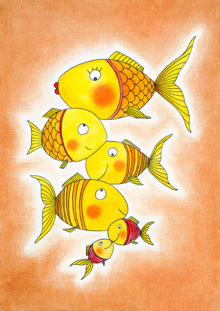 Grup altın balık, çocuğun çizim, kağıt üzerine suluboya resim - Fotoğraf, Görsel