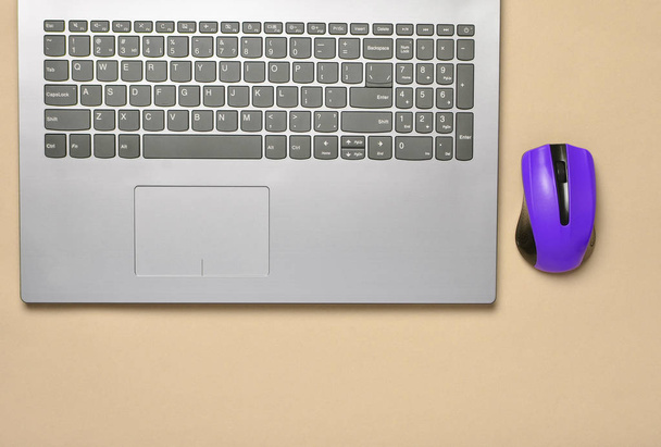 Modern dizüstü bilgisayar, kablosuz fare mavi pastel renkli, Minimalizm, üstten görünüm, düz la - Fotoğraf, Görsel
