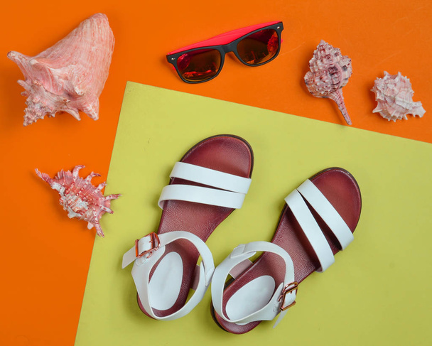 Sandalias de mujer de cuero de moda, conchas marinas, gafas de sol sobre un fondo pastel de colores, vista superior, plana la
 - Foto, imagen