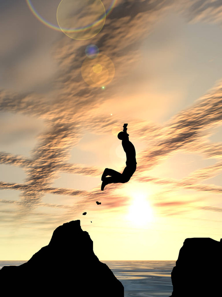 Έννοια ή εννοιολογική 3d απεικόνιση νεαρός άνθρωπος ή επιχειρηματίας σιλουέτα άλμα ευτυχισμένη από βράχο πάνω από το νερό κενό ηλιοβασίλεμα ή sunrise φόντο του ουρανού - Φωτογραφία, εικόνα
