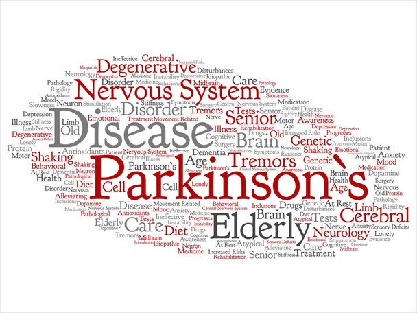 Concept conceptuel Maladie de Parkinson soins de santé ou trouble du système nerveux mot abstrait nuage fond isolé. Collage de textes sur les soins de santé, les maladies dégénératives, la génétique, les symptômes ou le cerveau
 - Photo, image
