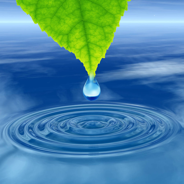 Konzept oder konzeptionelle sauberes Quellwasser oder Tautropfen fallen von einem grünen frischen Blatt auf 3D-Abbildung blaues klares Wasser macht Wellen - Foto, Bild