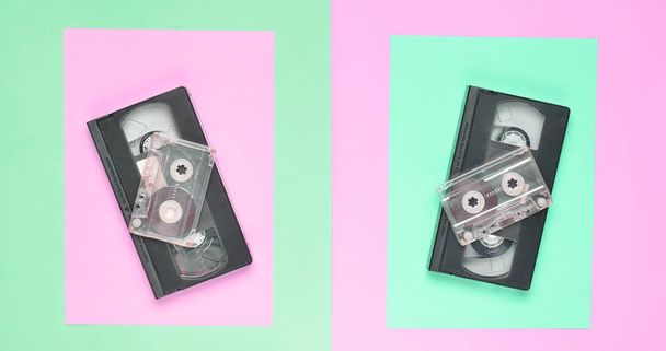 Audiokassette, Videokassette auf rosa pastellblauem Hintergrund. Retro-Attribute aus den 80er Jahren. Top-Konkurrenz - Foto, Bild