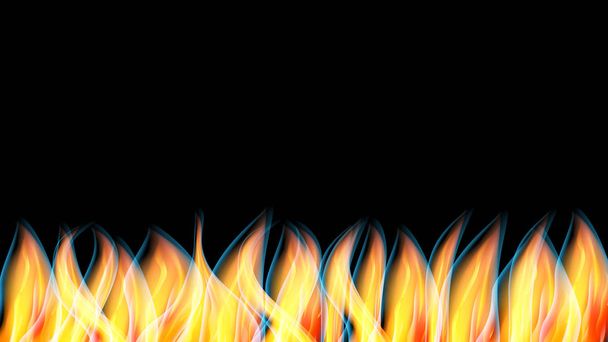 Prachtige abstracte gloeiende textuur van een hete glanzend rood oranje brandend vuur met tongen van vuur en rook en kopie ruimte op een zwarte achtergrond. Vectorillustratie - Vector, afbeelding