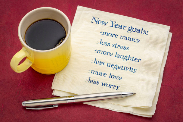 Cele nowego roku: więcej pieniędzy, mniej stresu, więcej miłości, mniej martwić... - pisma ręcznego na serwetce przy filiżance kawy - Zdjęcie, obraz