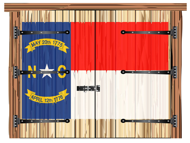 Una gran puerta doble de granero de madera cerrada con perno y bisagras y la bandera del estado de Carolina del Norte pintada en - Vector, Imagen