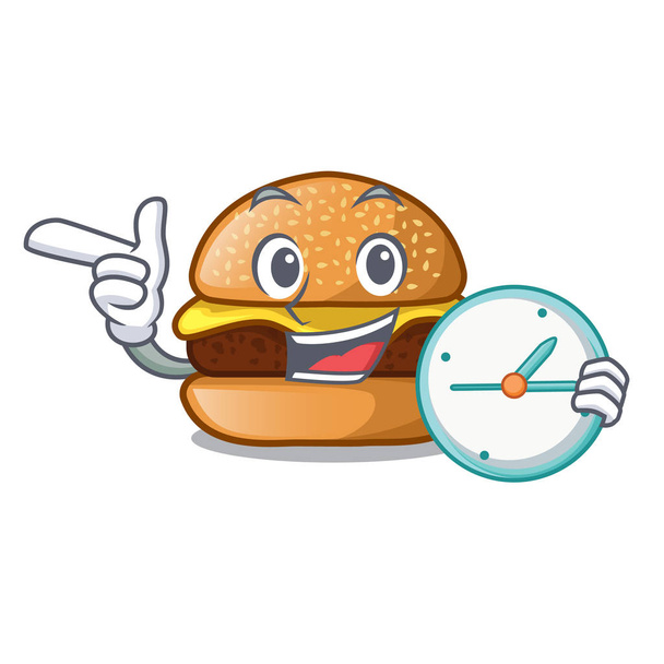 With clock cheese tasty burger on character table vector illustration - Vetor, Imagem