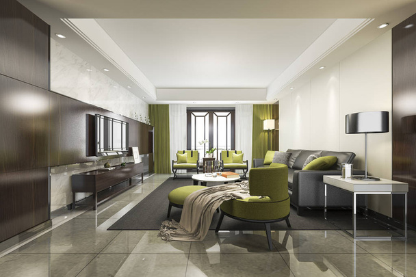 3D vykreslování luxusní a moderní zelené obývací pokoj s pohovkou - Fotografie, Obrázek