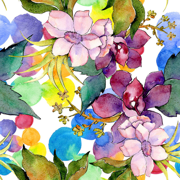 rosa und lila Blumenstrauß mit botanischen Blumen. Aquarell-Illustrationsset vorhanden. nahtloses Hintergrundmuster. - Foto, Bild